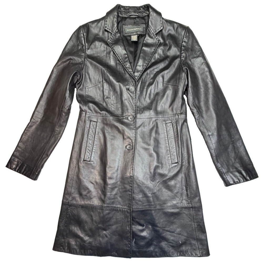Banana Republic Black Leather 3/4 Length Coat Women's M Button Jacket